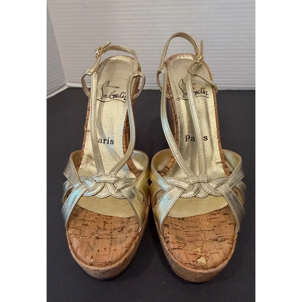Christian Louboutin Lady Zeppa Gold Leather Strappy Cork Wedge Sandals US 7 EU37